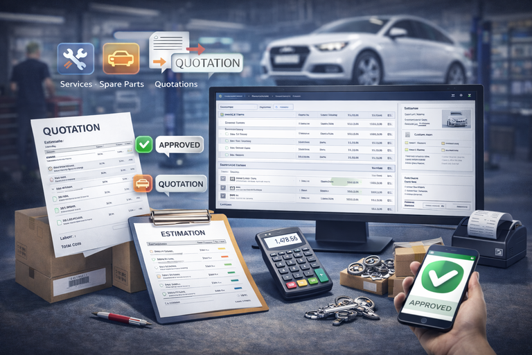 Estimation and quotation management system in garage ERP for service cost calculation
