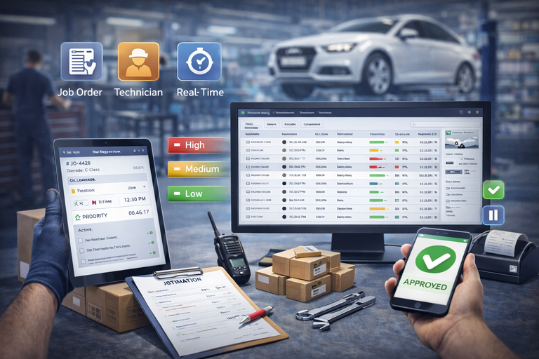 Job order and technician tracking system in garage ERP for workshop operations