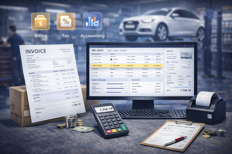 Billing and financial integration system in garage ERP for automated invoicing and accounts