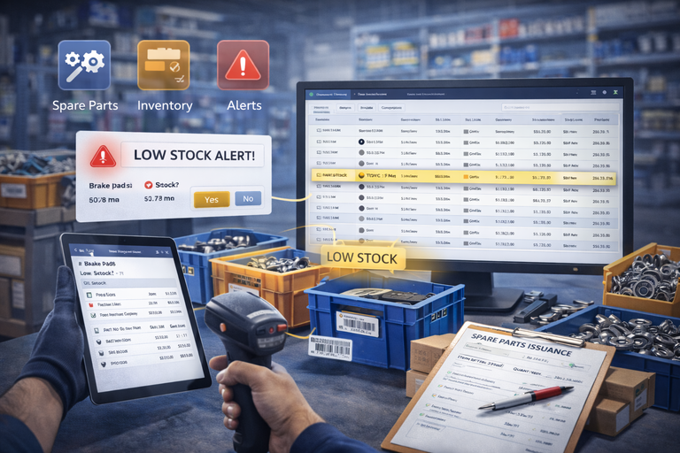 Spare parts and inventory control system in garage ERP for stock management